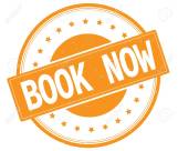 BOOK NOW text, on orange round stamp.